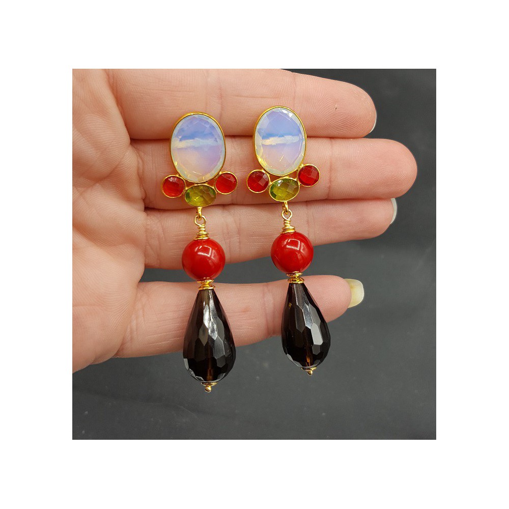 Gold plated earrings Opaliet Coral and Smokey Topaz