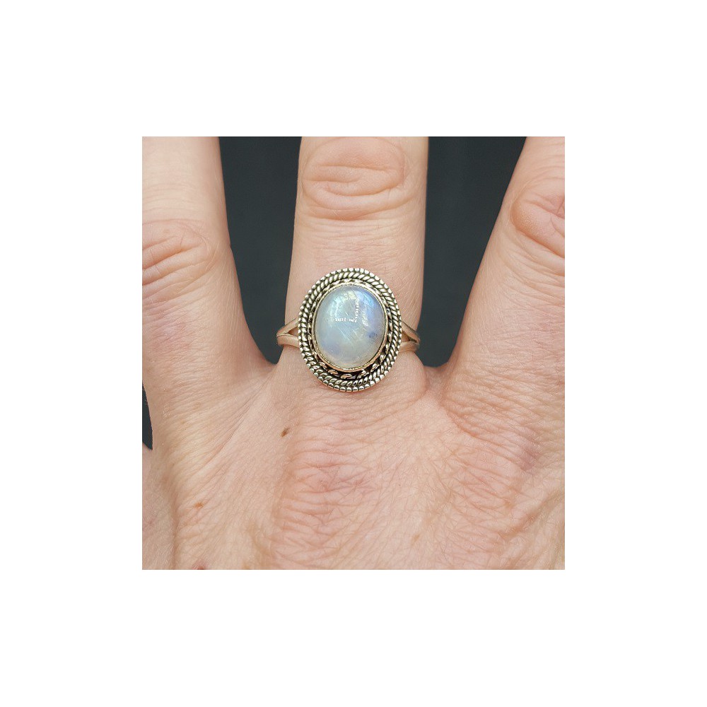 Silver ring set with cabochon oval rainbow Moonstone 18.5