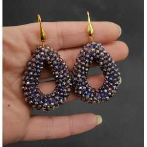 Gold plated earrings open drop of sparkling purple crystals