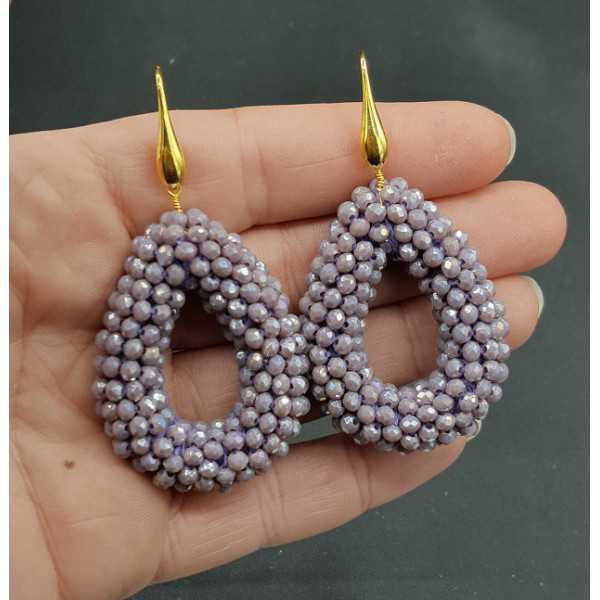 Gold plated earrings open drop of sparkling lilac purple crystals