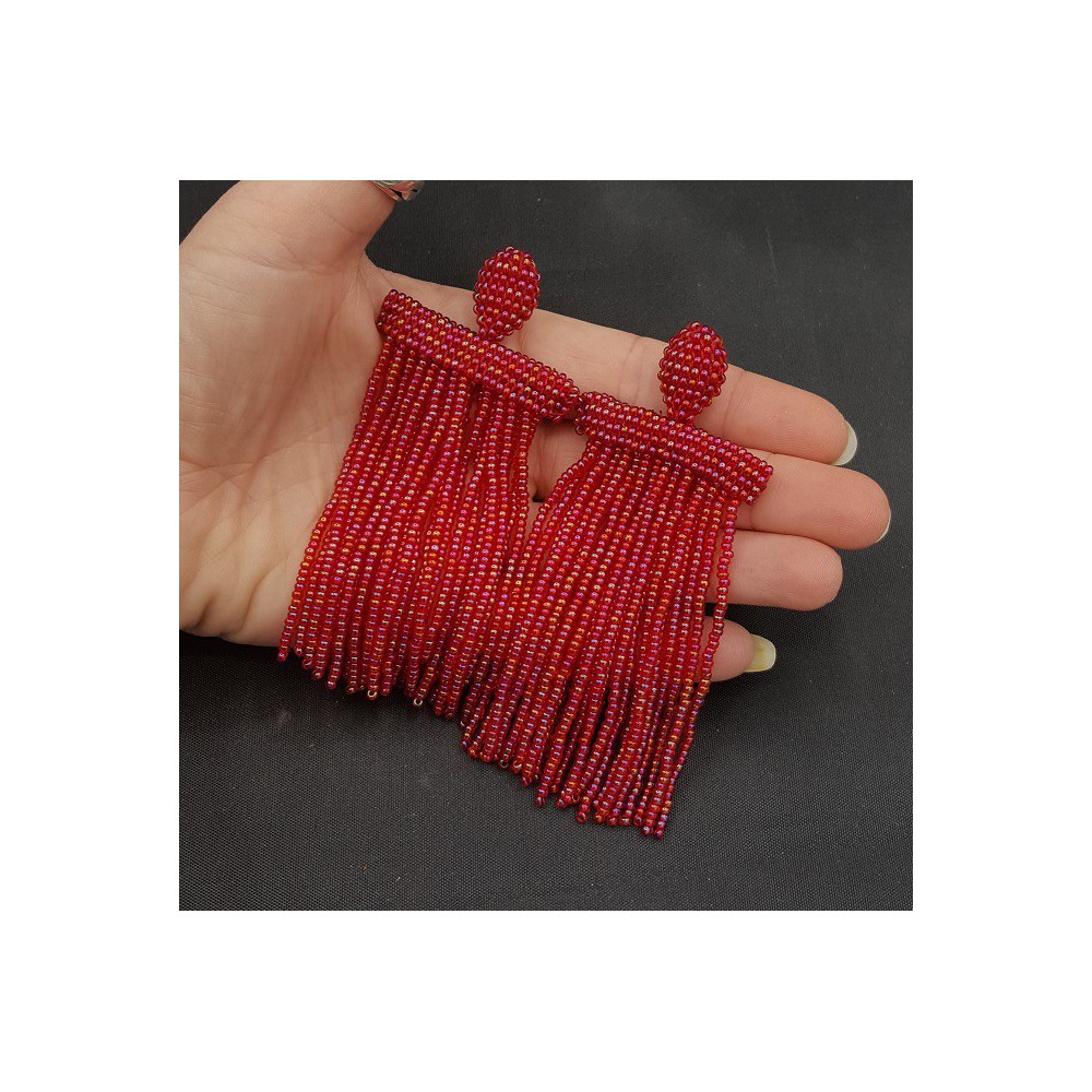 Red sprankling waterfall tassel earrings