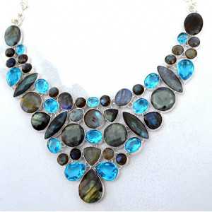 Silver necklace set with facet cut Labradorite and Topazes