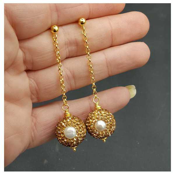 Vergoldete Ohrringe mit Kugel mit Perle und Goldenen Kristall