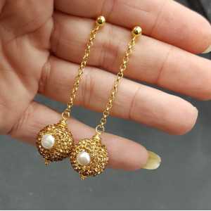 Gold plated earrings with ball with Pearl and golden crystal