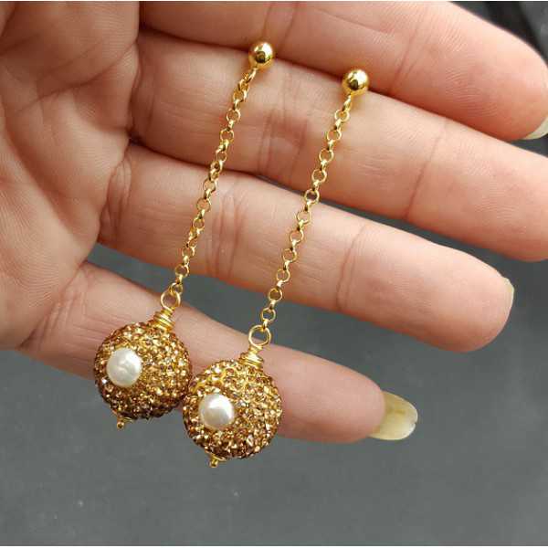Gold plated earrings with ball with Pearl and golden crystal