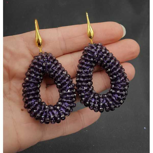 Gold plated earrings with open drop of dark purple crystals