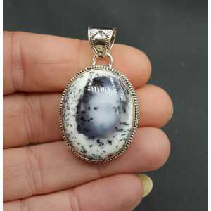 Silver pendant with wide oval Dendrite Opal carved setting