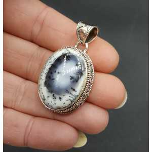 Silver pendant with wide oval Dendrite Opal carved setting