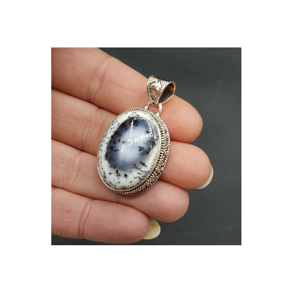 Silver pendant with wide oval Dendrite Opal carved setting