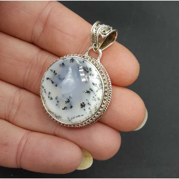 Silver pendant round Dendrite Opal carved setting