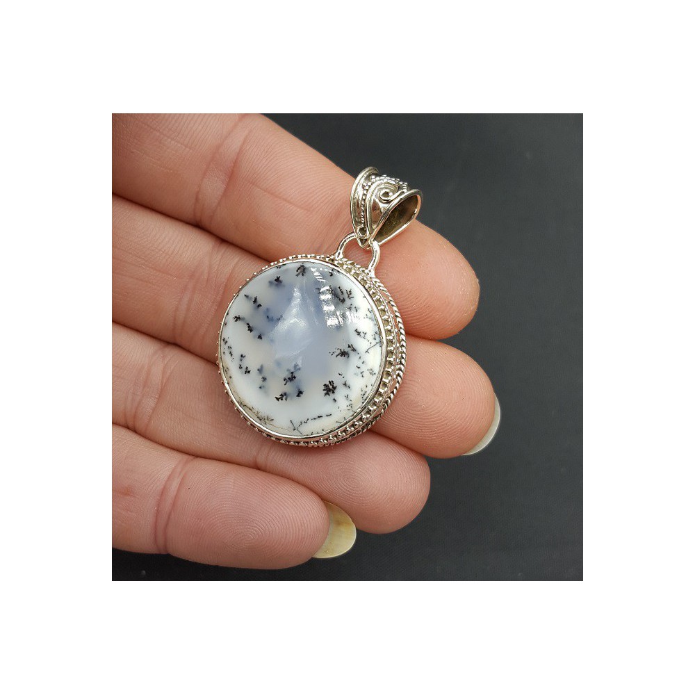 Silver pendant round Dendrite Opal carved setting