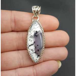 Silver pendant with marquise Dendrite Opal carved setting