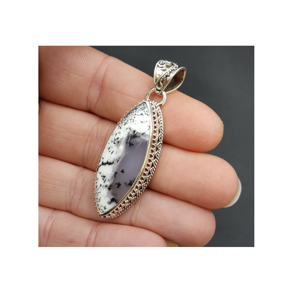 Silver pendant with marquise Dendrite Opal carved setting