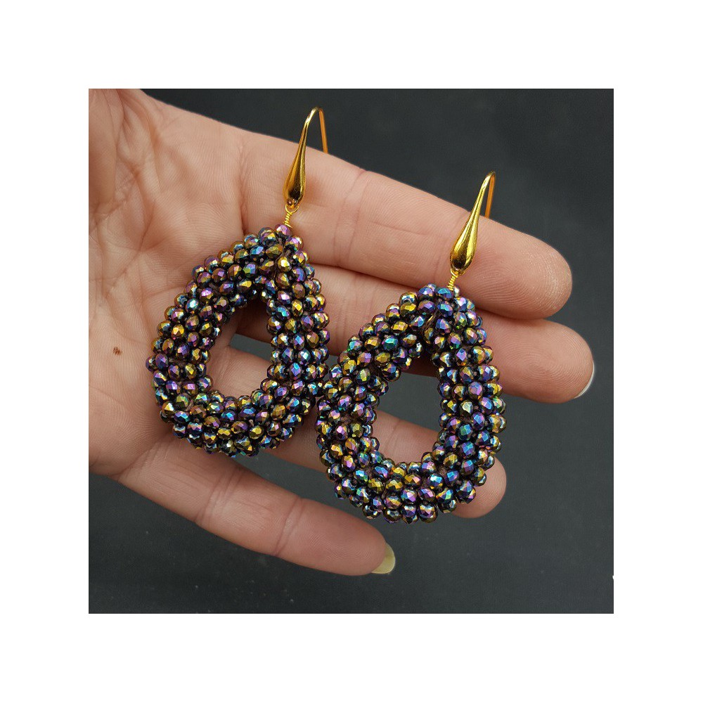 Gold plated earrings open drop with multi colour metallic crystals