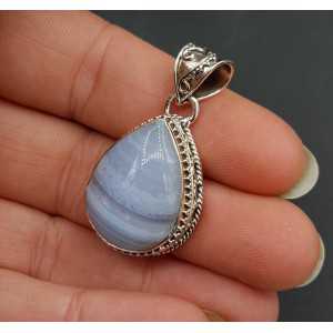 Silver pendant oval shape blue Lace Agate carved setting
