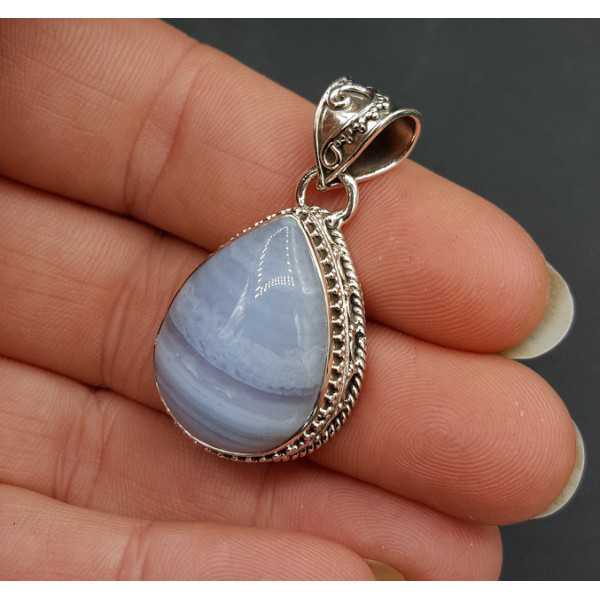 Silver pendant oval shape blue Lace Agate carved setting