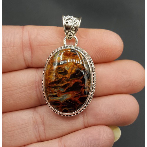 Zilveren hanger ovale cabochon Pietersiet in bewerkte setting