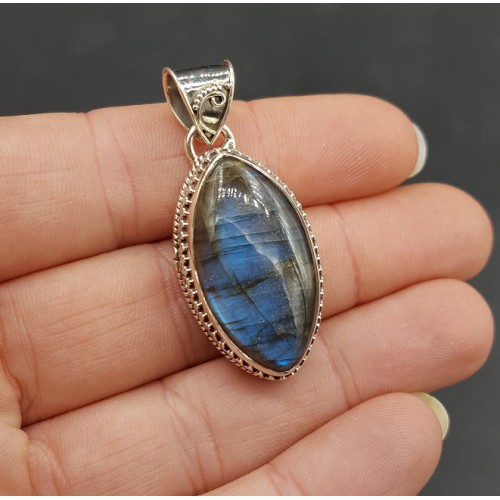 Zilveren hanger brede marquise Labradoriet in bewerkte setting