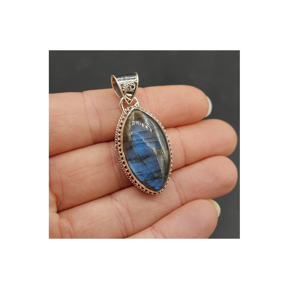 Silver pendant wide marquise Labradorite edited setting