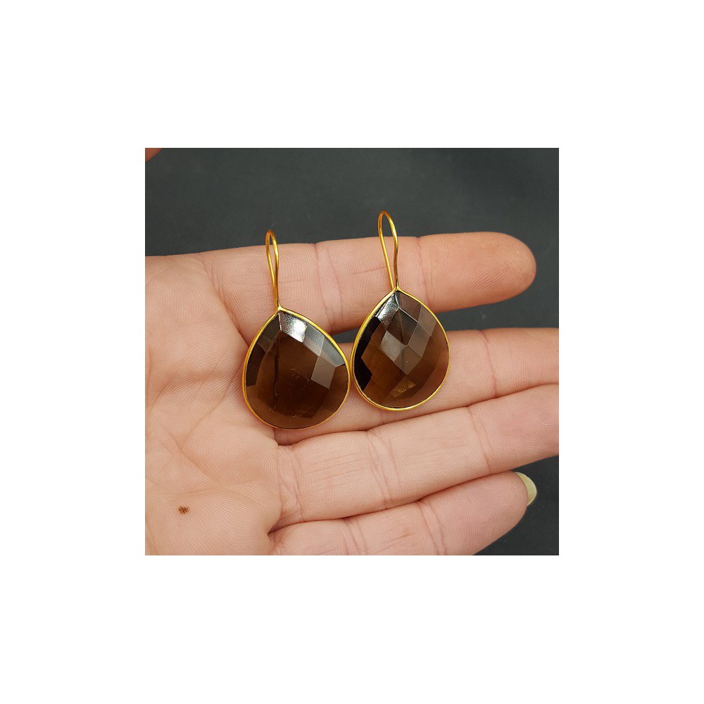 Gold plated earrings set with teardrop Smokey Topaz