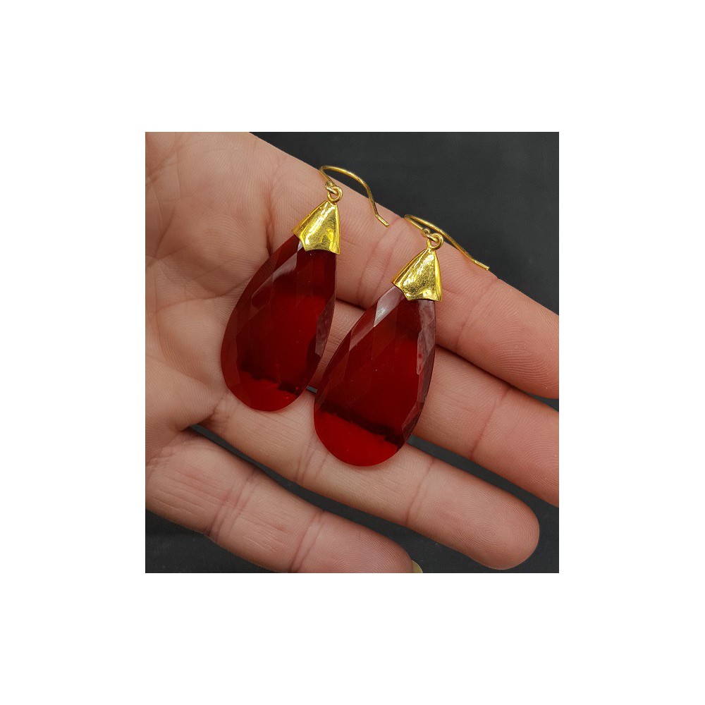 Gold plated earrings with large Garnet red quartz