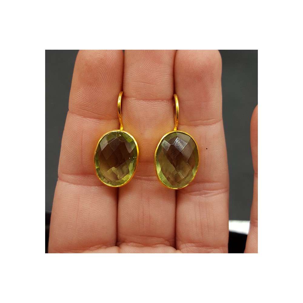 Gold plated earrings with oval faceted green Amethyst