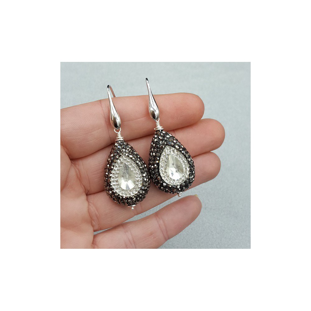 Earrings with drop set with white crystal and black crystals