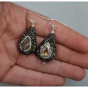 Earrings with drop, set with Abalone shell and crystals