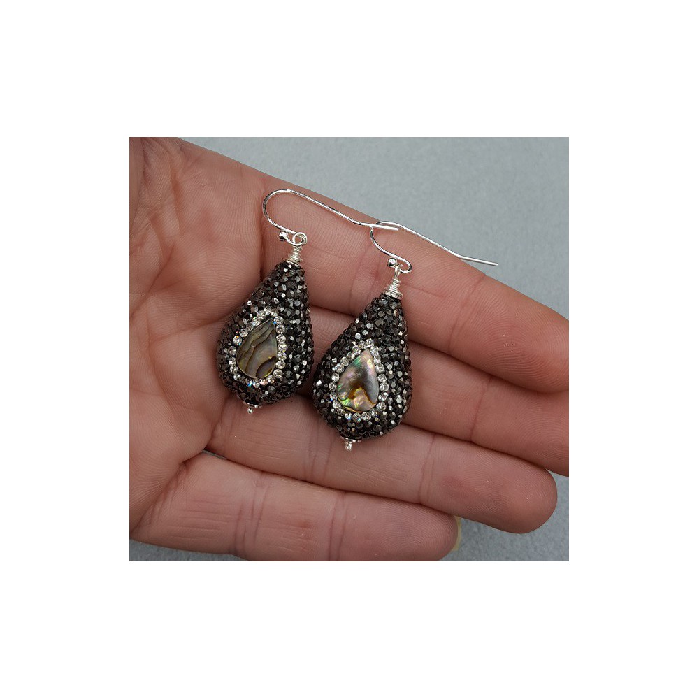 Earrings with drop, set with Abalone shell and crystals