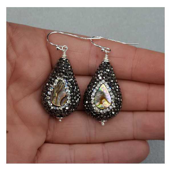 Earrings with drop, set with Abalone shell and crystals