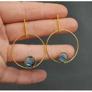 Gold plated earrings set with round cabochon Labradorite