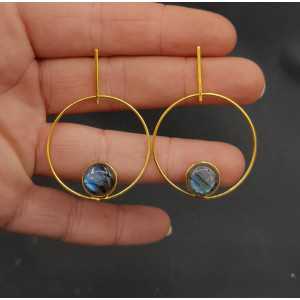 Gold plated earrings set with round cabochon Labradorite