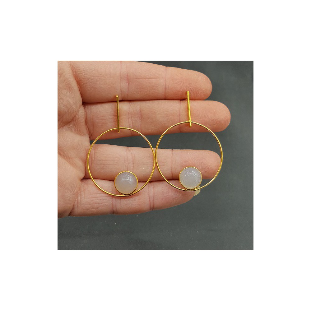 Gold plated earrings set with round grey Chalcedony