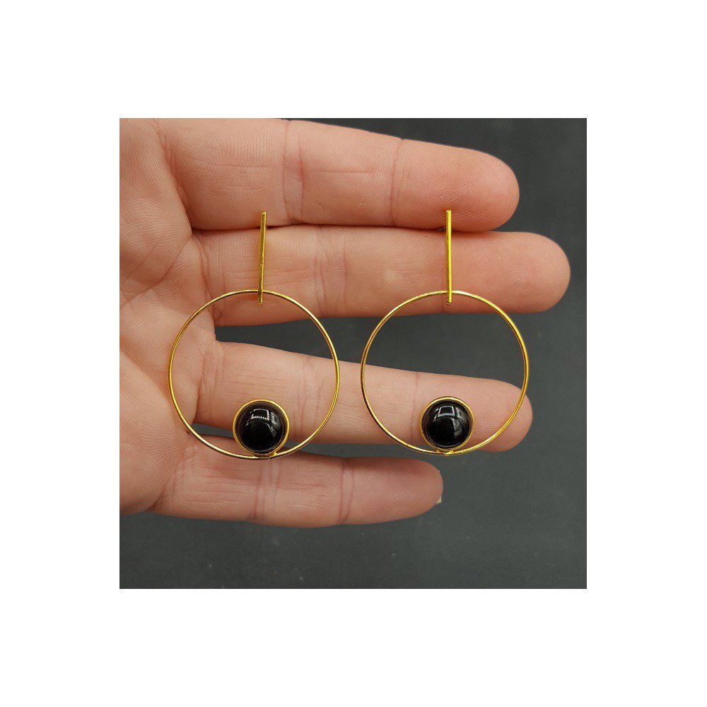 Gold plated earrings set with round black Onyx