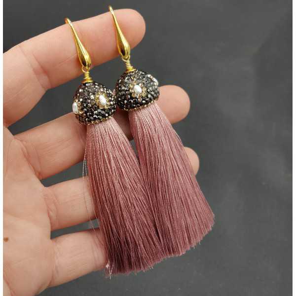 Gold gilded age pink tassel earrings with crystals and pearl