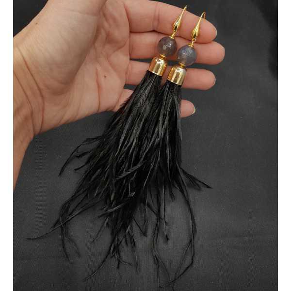 Earrings with feathers, tassel and grey Agate