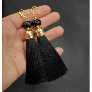 Gold plated earrings with black tassel and Onyx