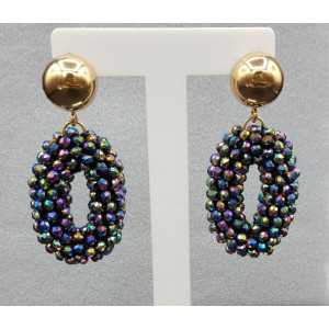 Gold plated earrings, oval pendant of multi colors metallic crystals