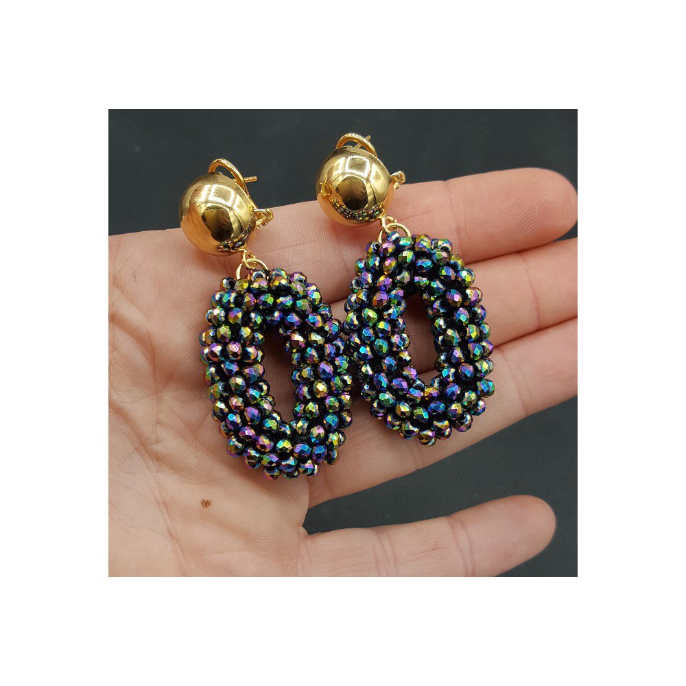 Gold plated earrings, oval pendant of multi colors metallic crystals