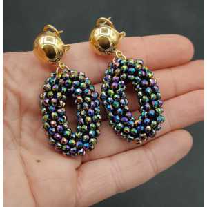 Gold plated earrings, oval pendant of multi colors metallic crystals