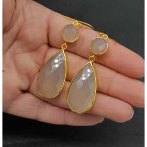 Gold plated earrings with round and teardrop gray Chalcedony