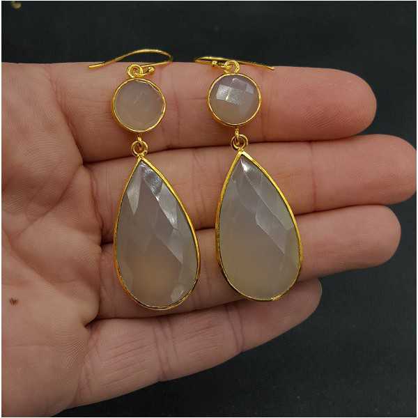 Gold plated earrings with round and teardrop gray Chalcedony