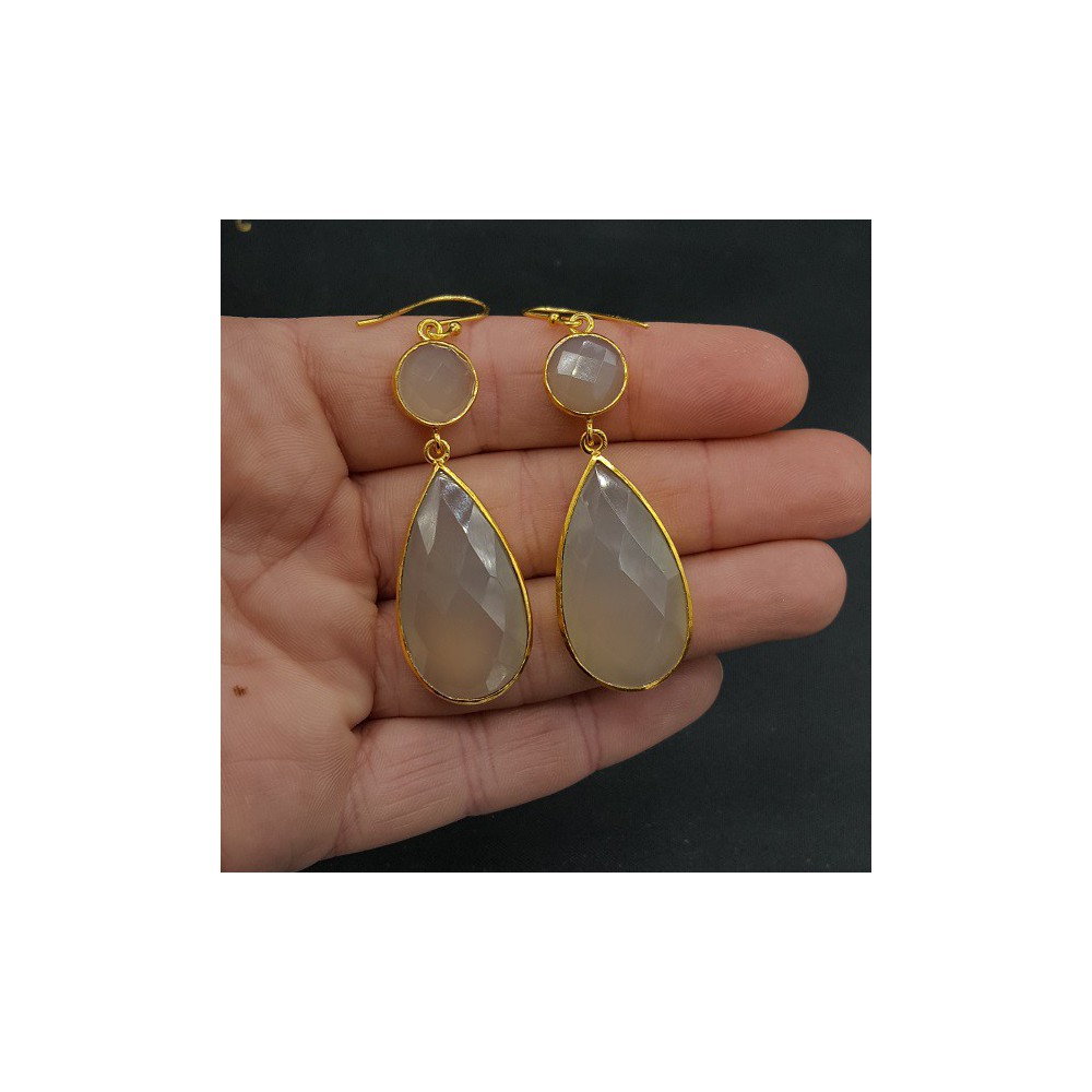 Gold plated earrings with round and teardrop gray Chalcedony