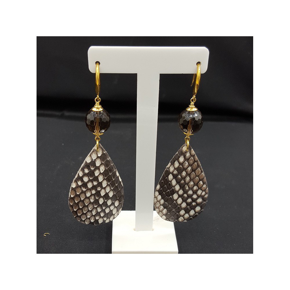 Oorbellen met Smokey Topaas en Slangenleer druppel