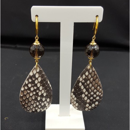 Oorbellen met Smokey Topaas en Slangenleer druppel
