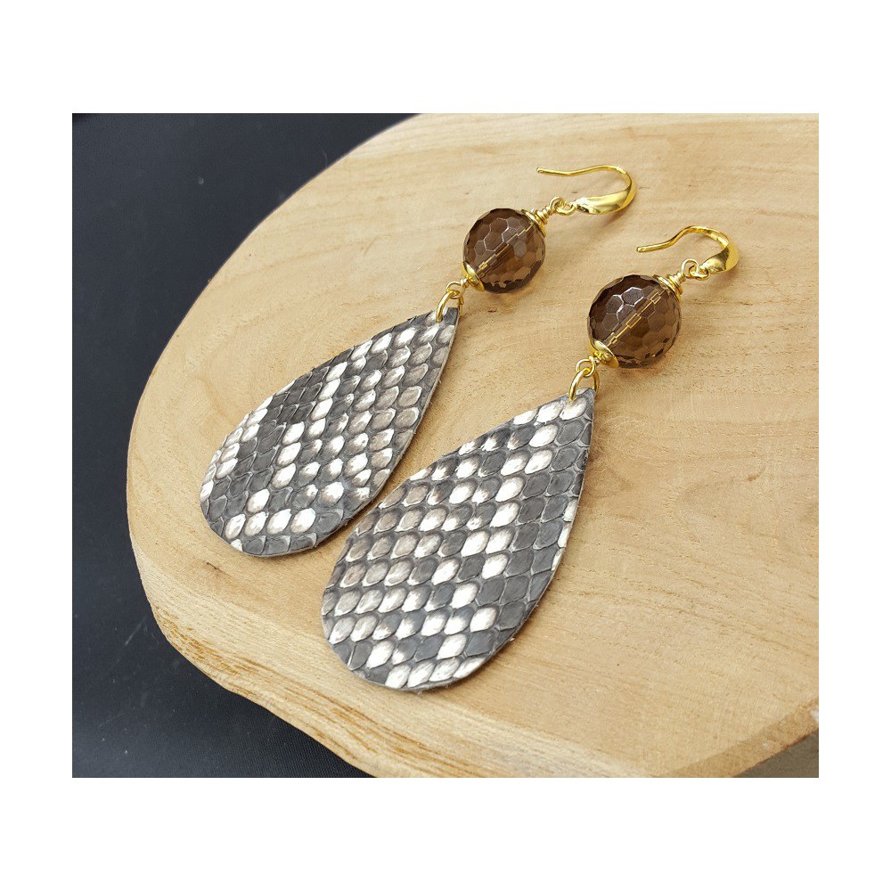 Oorbellen met Smokey Topaas en Slangenleer druppel