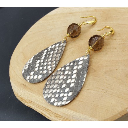 Oorbellen met Smokey Topaas en Slangenleer druppel