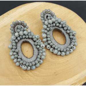 Earrings with pendant on grey silk thread and crystals