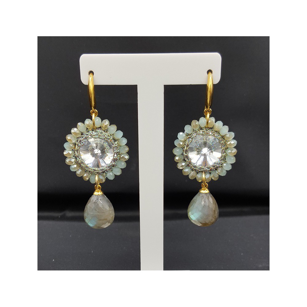 Gold plated earrings Labradorite and pendant of silk thread and crystal