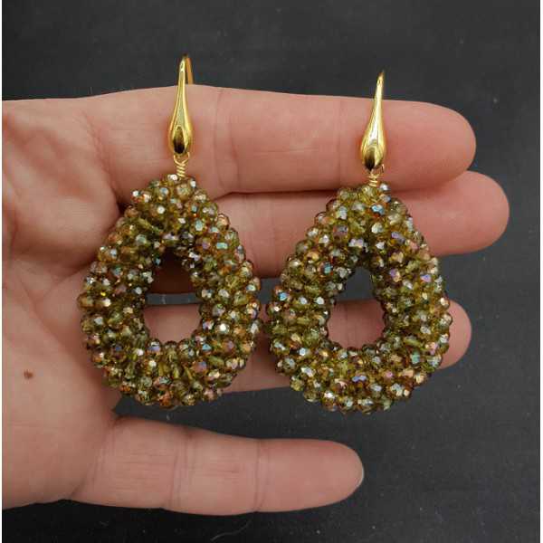 Gold plated earrings open drop of sprankling green crystals small